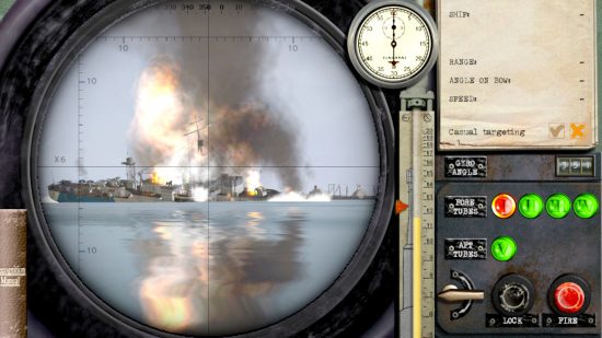 Best WW2 games guide - Silent Hunter 3 screenshot showing a flaming, sinking allied ship in the scope of a German U-boat
