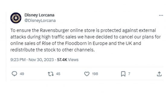 Disney Lorcana Rise of the Floodborn cancelation tweet 