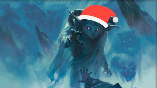 DnD book art - a giant horned owl monster with a christmas hat
