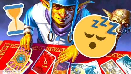 DnD Deck of Many Things delays - Wizards of the Coast art of a goblin using the deck of many things with a sleepy twitter emoji in front