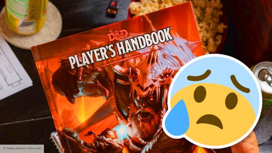 DnD fifth edition final year - Wizards of the Coast photo of the Player's Handbook and an anxious-looking Twitter emoji