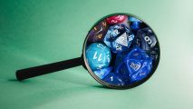 How science proved DnD doesn't harm your kids - stock image of a magnifying glass showing a stock image of RPG dice within the glass