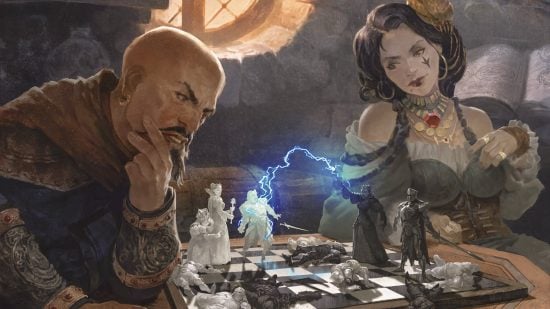 DnD Wizard subclasses 5e - Wizards of the Coast art of a man and woman playing with a magic chessboard