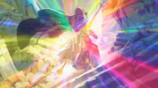 DnD Wizard subclasses 5e - Wizards of the Coast art of a Wizard casting a rainbow-colored spell