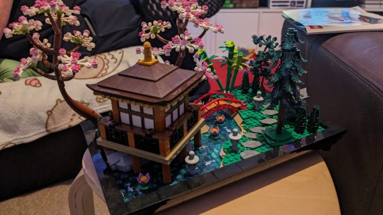 The Lego Tranquil Garden set on a table