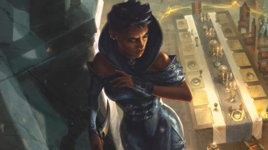 MTG Etrata artwork showing a vampire assassin watching in the shadows