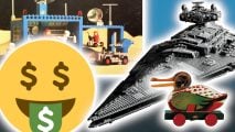 Most expensive lego sets of all time guide - Compound image showing the box art for the Lego Space Command Centre set, the 1930s Lego Wooden Duck toy, and the 2019 UCS Imperial Star Destroyer set, as well as a dollars in eyes face emoji used via Creative Commons, credit to Twemoji Project