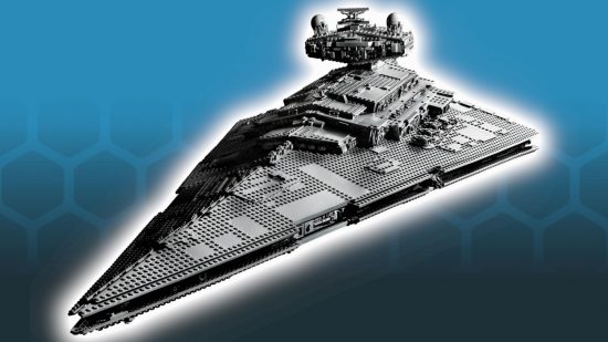 Most expensive lego sets of all time guide - Star Wars Imperial Star Destroyer set picture, showing the ship built, on a blue hex pattern background