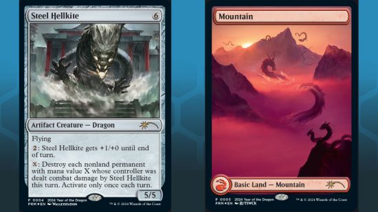 MTG promos dragon cards from Wizards of the Coast, 'Steel Hellkite' and 'Mountain'
