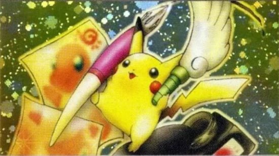 Rare Pokemon card - a Pikachu clutching a brush drawing a charmander