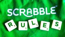 Scrabble Rules spelled out on cloth bag and with Scrabble tiles