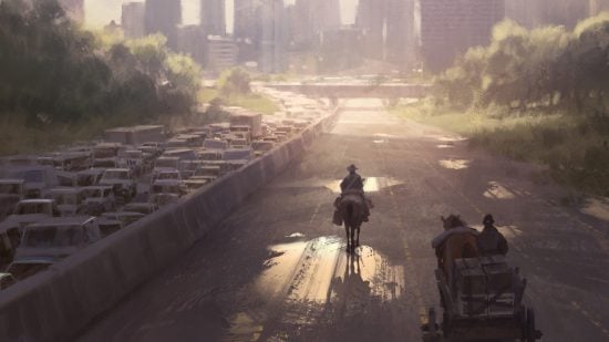 The Walking Dead Universe RPG review - Free League art of a man riding a horse up an empty highway