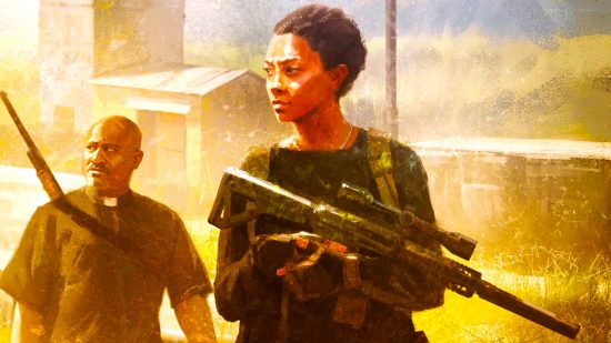 The Walking Dead Universe RPG review - Free League art of two humans wielding guns