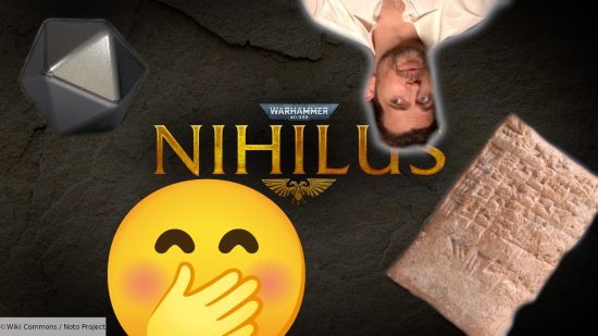 Wargamer April Fools stories - wargamer image showing the falsified game logo for Warhammer 40k Nihilus, overlaid with a Sherlock Holmes movie trailer screenshot of Henry Cavill, images of a metal D20 dice, an ancient cuneiform clay tablet, and a hand over face blushing emoji by noto project