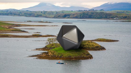 Wargamer April Fools stories - Wargamer image showing a huge metallic D20 dice on a small isle in Scotland
