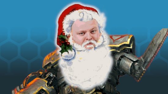 Wargamer editor's holiday message 2023 - Compound edited image showing the face of Wargamer editor Alex Evans combined with a public domain artwork of Santa Claus, superimposed onto a Games Workshop artwork of Ezekyle Abaddon in Sons of Horus Terminator Armor.