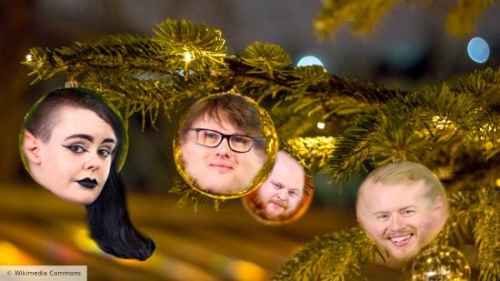 Wargamer team's games of the year 2023 - Wikimedia Commons photo of four baubles on the branch of a Christmas tree, with Network N media profile photos of Alex Evans, Mollie Russell, Tim Linward, and Matt Bassil edited onto the faces of the baubles with blurring