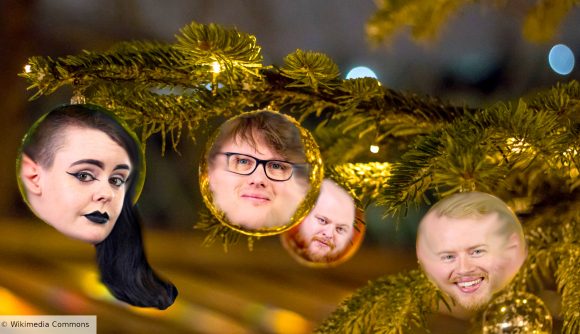 Wargamer team's games of the year 2023 - Wikimedia Commons photo of four baubles on the branch of a Christmas tree, with Network N media profile photos of Alex Evans, Mollie Russell, Tim Linward, and Matt Bassil edited onto the faces of the baubles with blurring