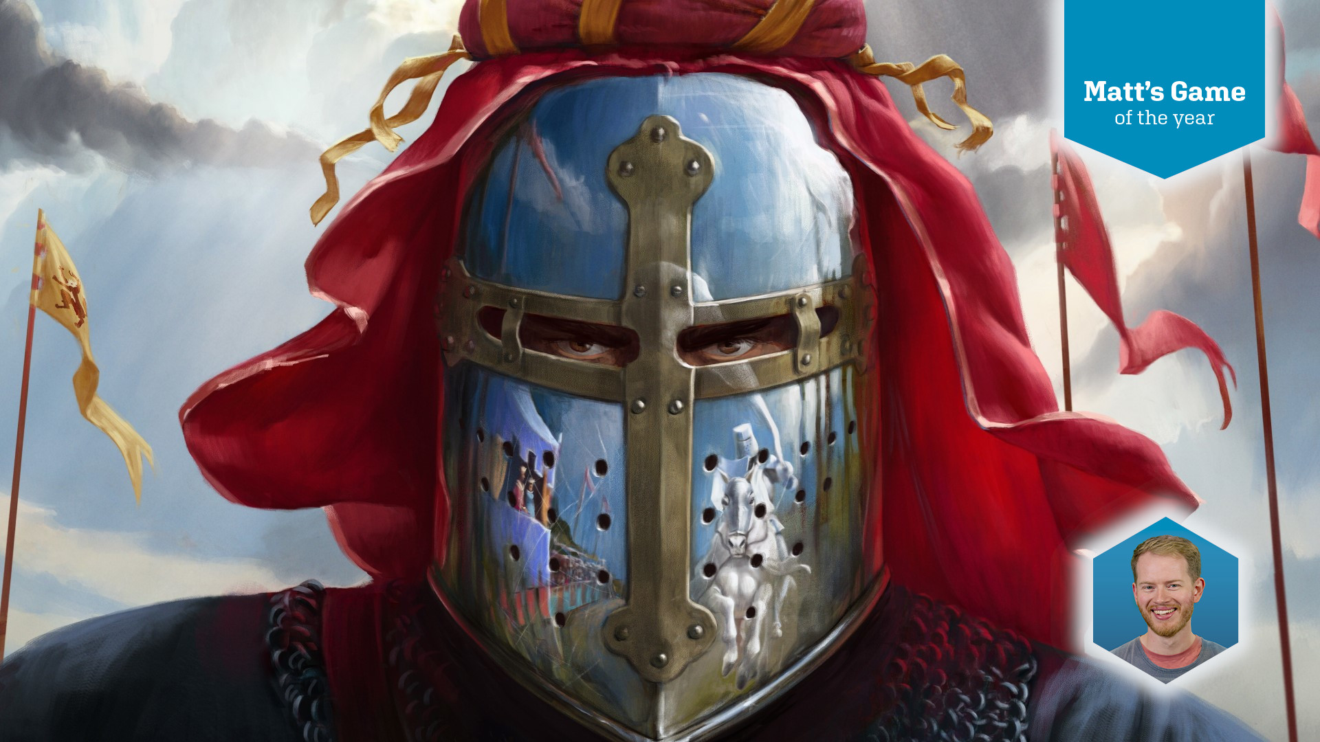 Wargamer team's games of the year 2023 - Crusader Kings 3 Tours and Tournaments - A shiny helmet with an approaching horseman in it, overlaid with a blue tag reading "matt's game of the year" and a profile picture of Matt Bassil