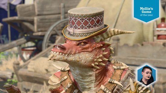 Wargamer Team's Games of the Year 2023 - screenshot from Baldur's Gate 3 showing a kobold merchant in the circus in Baldur's Gate outskirts, overlaid with a tag reading Mollie's Game of the Year, and a profile image for staff writer Mollie Russell