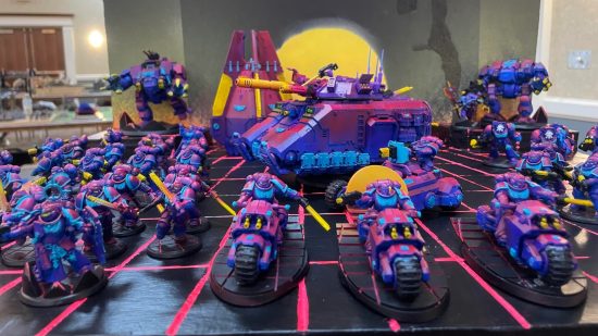 Warhammer 40k army with a synthwave paint job