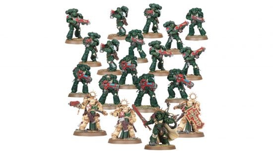 Warhammer 40k Dark Angels combat patrol 2024 - a force of power-armored Space Marines in the green livery of the Dark Angels - 10 intercessors, five hellblasters, three bladeguard veterans, and a captain wearing gravis power armor