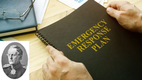 Losing at Warhammer 40k - stock photo showing a document folder marked "Emergency Response Plan", overlaid with a Wikimedia Commons photograph of Helmuth Von Moltke