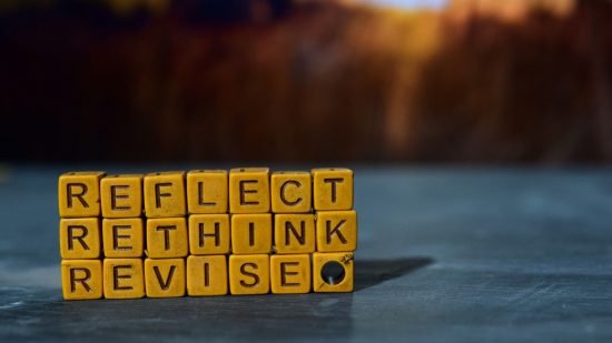 Losing at Warhammer 40k - stock photo showing three rows of lettered blocks, spelling out the words "reflect, rethink, revise"