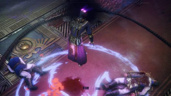 Warhammer 40k Rogue Trader review - author screenshot showing a human Chaos cultist sorcerer being possessed by the warp