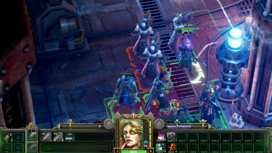 Warhammer 40k Rogue Trader review - author screenshot showing the characters in combat with adeptus mechanicus electropriests