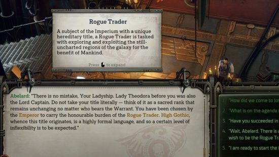 Warhammer 40k Rogue Trader review - author screenshot showing the game's nested tool tips in dialog