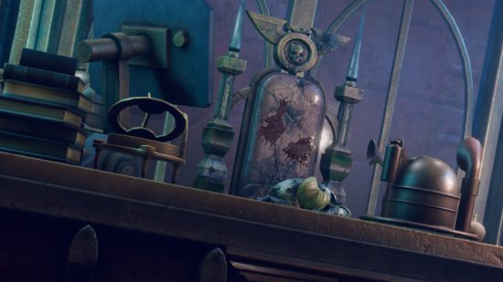 Warhammer 40k Rogue Trader review - author screenshot showing the dead body of former Rogue Trader Theodora Von Valancius at her desk
