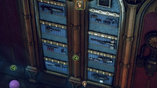Warhammer 40k Rogue Trader review - author screenshot showing the weapons trophy wall in your quarters