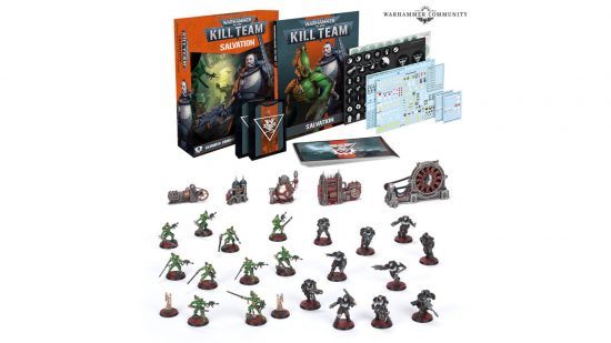 Warhammer 40k Striking Scorpions Kill Team Salvation release date - Games Workshop image showing the full contents of the Kill Team Salvation box set including Striking Scorpions, Space Marine Scouts, and Adeptus Mechanicus themed terrain