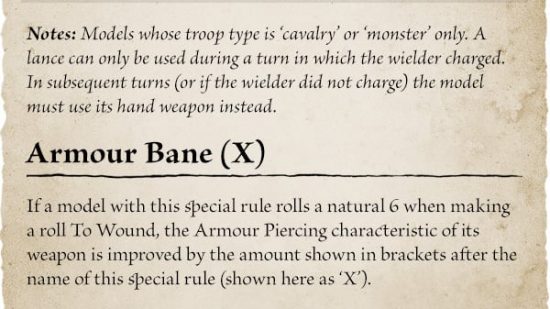 Warhammer The Old World Universal Special Rules - Games Workshop graphic showing the new TOW universal special rule Armour Bane and the stats for the Lance weapon