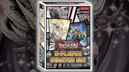 Yugioh TCG release schedule guide - compound image based on an adapted image of the Phantom Nightmare booster pack art, overlaid with a product box image for the YGO 2 Player Starter Set