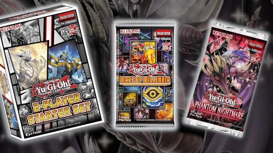 Yugioh TCG release schedule guide - compound image with a background adapted from the booster pack art for Phantom Nightmare, overlaid with product box images for the 2 player starter set, and booster packs for Maze of Millennia and Phantom Nightmare
