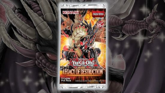 Yugioh TCG release schedule guide - compound image based on an adapted image of the Phantom Nightmare booster pack art, overlaid with a product image for a Legacy of Destruction booster pack