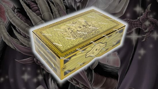 Yugioh TCG release schedule guide - compound image based on an adapted image of the Phantom Nightmare booster pack art, overlaid with a product box image for the re released Legendary Decks II box set