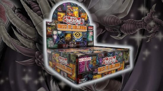 Yugioh TCG release schedule guide - compound image based on an adapted image of the Phantom Nightmare booster pack art, overlaid with a product box image for a Maze of Millennia booster box