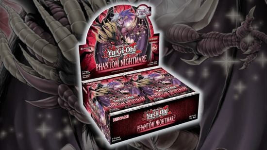 Yugioh TCG release schedule guide - compound image based on an adapted image of the Phantom Nightmare booster pack art, overlaid with a product box image for a Phantom Nightmare booster box