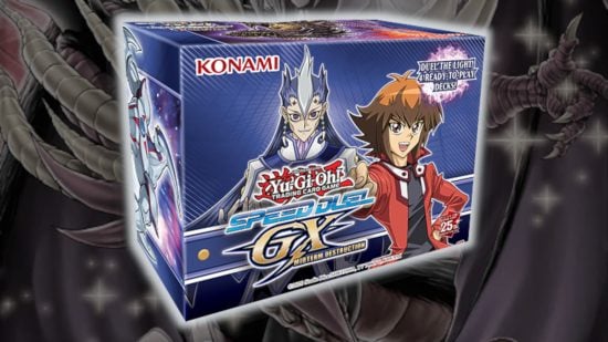 Yugioh TCG release schedule guide - compound image based on an adapted image of the Phantom Nightmare booster pack art, overlaid with a product box image for Speed Duel GX Midterm Destruction