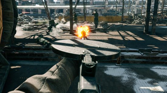 Enlisted Reinforced Steam release - Enlisted Reinforced screenshot showing a Russian DP28 machine gun firing in the Battle of Stalingrad at German soldiers