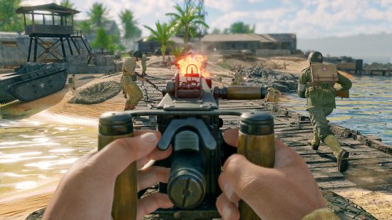 Enlisted Reinforced Steam release - Enlisted Reinforced screenshot showing an American machine gun firing as fellow troops storm a pacific island