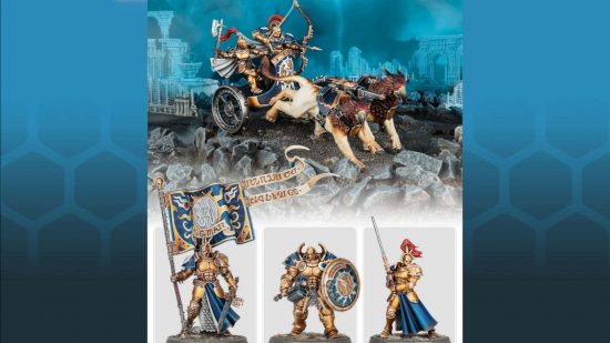 Age of Sigmar army bundle Stormcast Eternals bundle - golden knights, some riding chariots pulled by griffin-hounds, banner-bearer, sworsman, heavy infantry