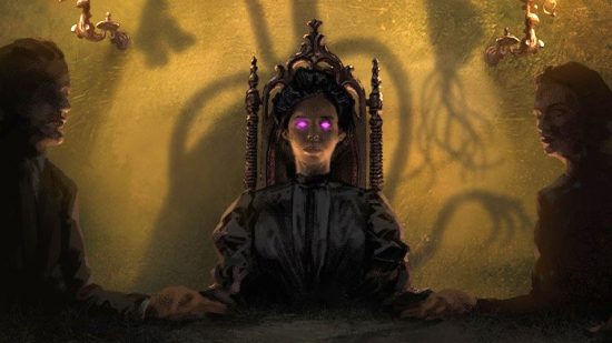 Call of Cthulhu RPG: a screenshot of a woman with glowing purple eyes and a strange shadow on the wall.