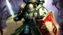 Codex Dark Angels - Lion El'Jonson, Primarch of the Dark Angels, a huge warrior in green armor bearing a red and gold shield and a massive power sword