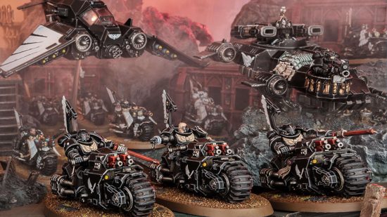 Codex Dark Angels - black armored vehicles of the Ravenwing, Outrider bikers, a hovering speeder, and a jetfighter