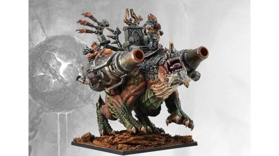 The Hellbringer Drake from Conquest, a huge lizard-creature bearing two cannons and a stone throne piloted by dwarfs on its back