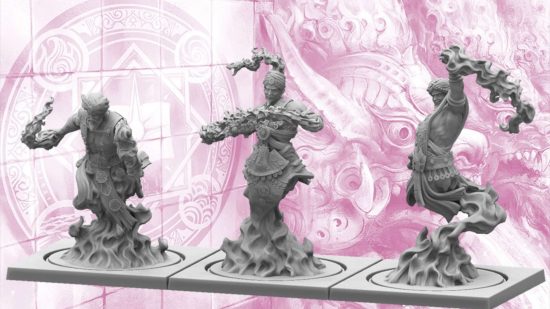 Warhammer-like wargame Conquest Sorcerer Kings Efreet flamecasters models - three elemental spirits, their lower halves disappearing into fire, prepare to hurl firebolts